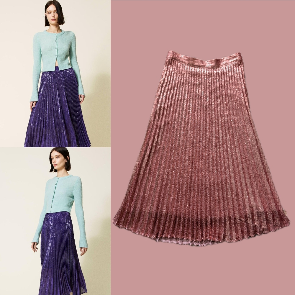 Twinset Elegant Pink Pleated Sequin Midi Skirt